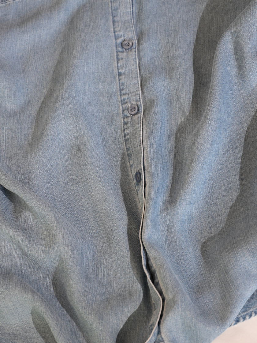 New York & Company Chambray Blouse Women Medium Light Blue Roll Tab Denim Top