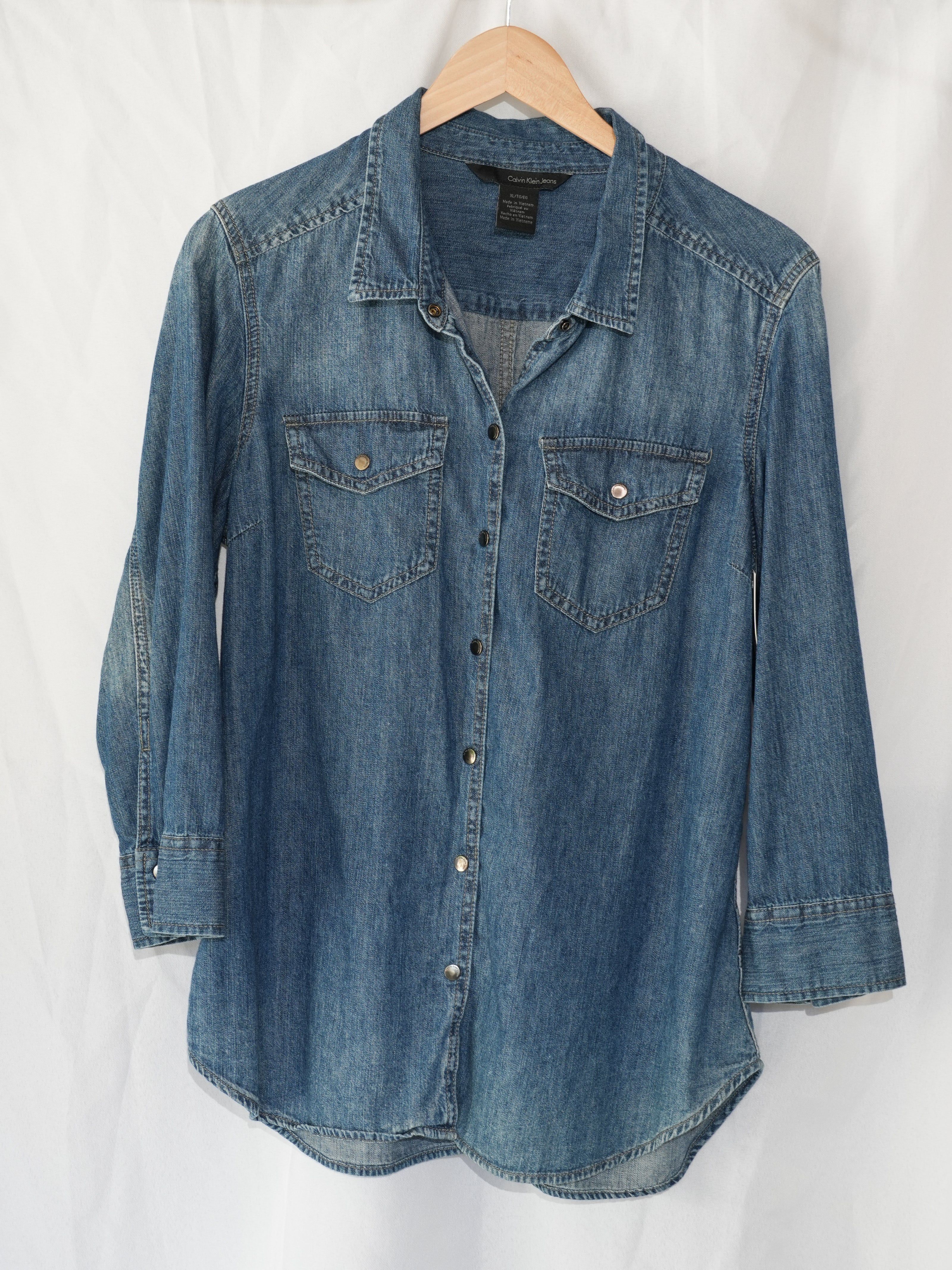 Calvin Klein Jeans Denim Button Down Women Extra Large Blue Snap Front Pockets