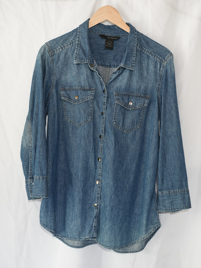 Calvin Klein Jeans Denim Button Down Women Extra Large Blue Snap Front Pockets