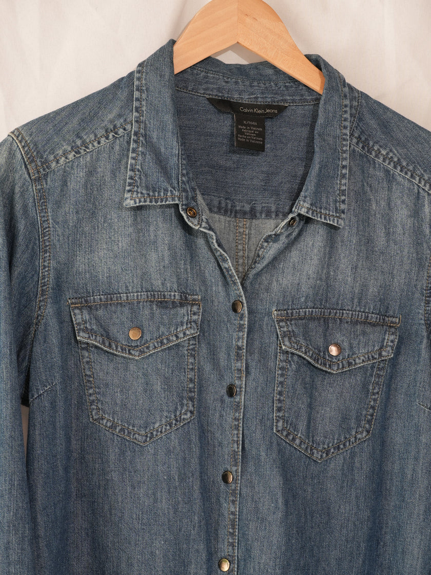 Calvin Klein Jeans Denim Button Down Women Extra Large Blue Snap Front Pockets