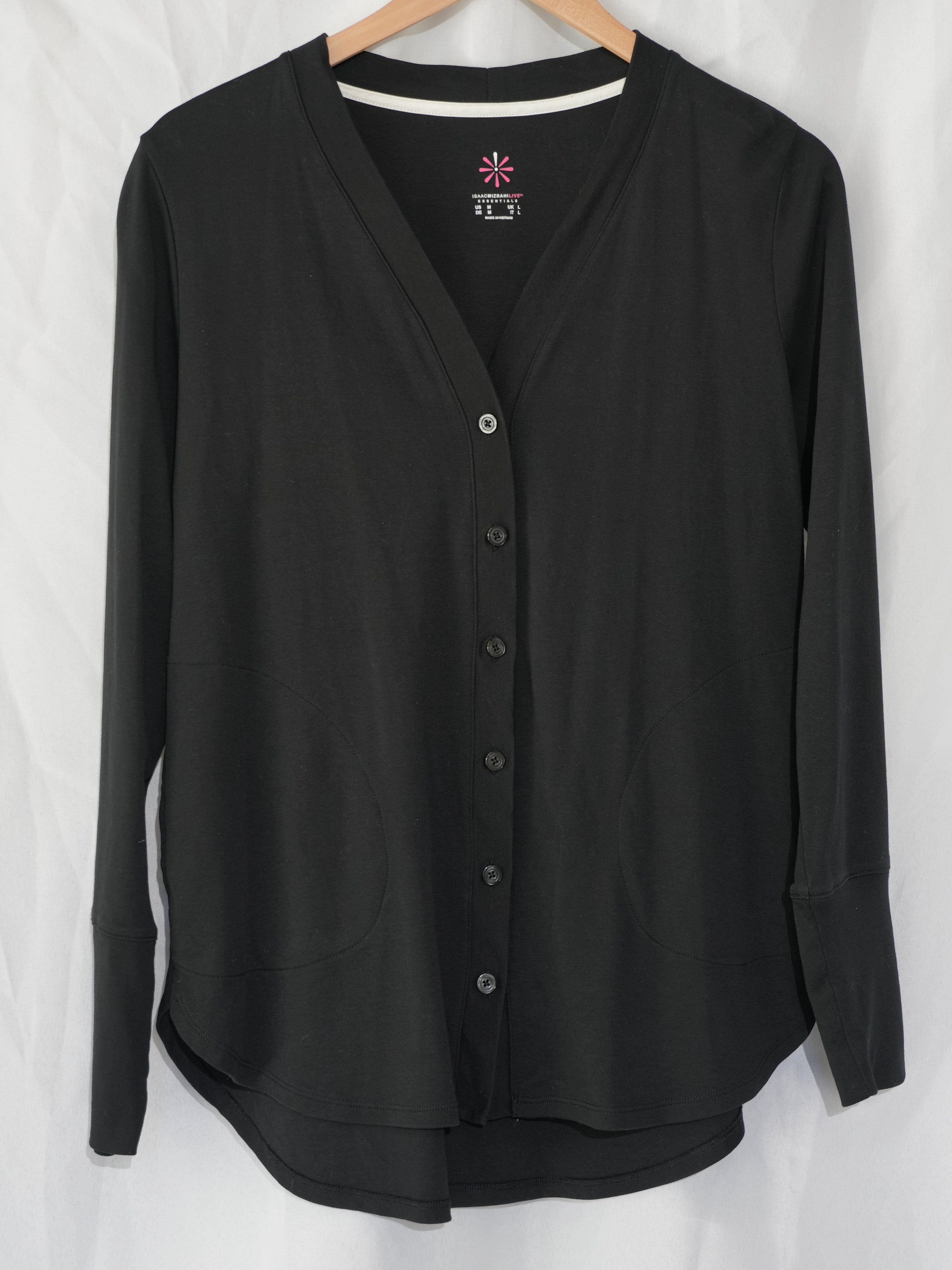 Isaac Mizrahi Live! Cardigan Women Medium Black V-Neck Button Front Pockets