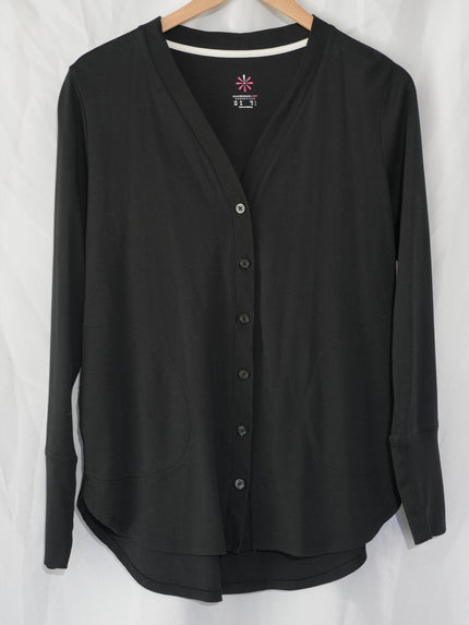 Isaac Mizrahi Live! Cardigan Women Medium Black V-Neck Button Front Pockets