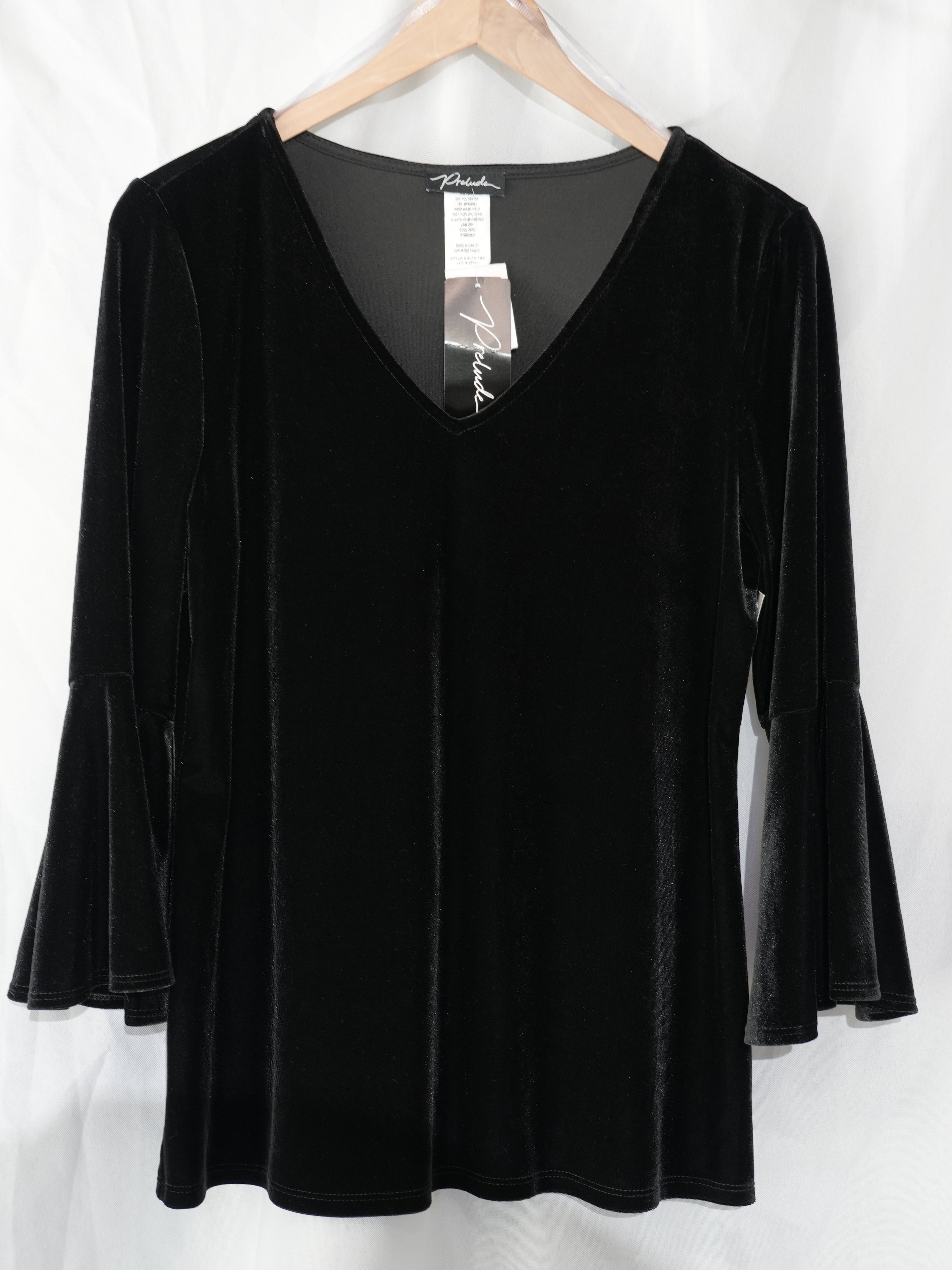 Prelude Velvet Blouse Women Large Black V-Neck Bell Sleeve Top