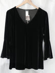 Prelude Velvet Blouse Women Large Black V-Neck Bell Sleeve Top