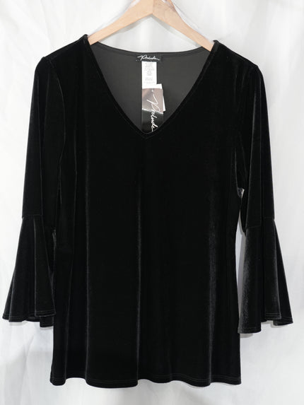 Prelude Velvet Blouse Women Large Black V-Neck Bell Sleeve Top