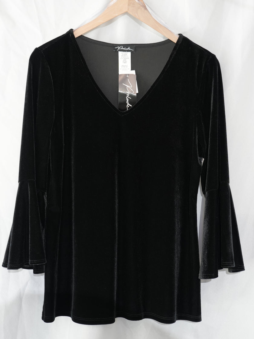 Prelude Velvet Blouse Women Large Black V-Neck Bell Sleeve Top