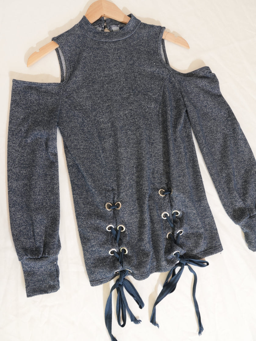 Rwish4u Cold Shoulder Top Womens Medium Blue Lace Up Concept Sample Runway Piece
