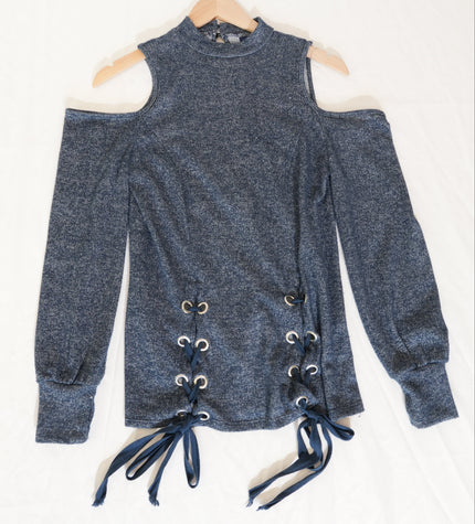 Rwish4u Cold Shoulder Top Womens Medium Blue Lace Up Concept Sample Runway Piece