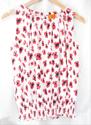 One A Blouse Womens Petite Medium White Red Abstract Floral Smocked Hem Top