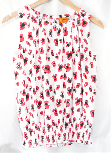 One A Blouse Womens Petite Medium White Red Abstract Floral Smocked Hem Top