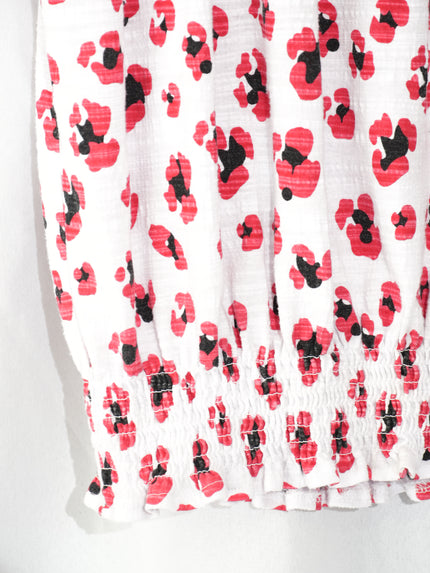 One A Blouse Womens Petite Medium White Red Abstract Floral Smocked Hem Top