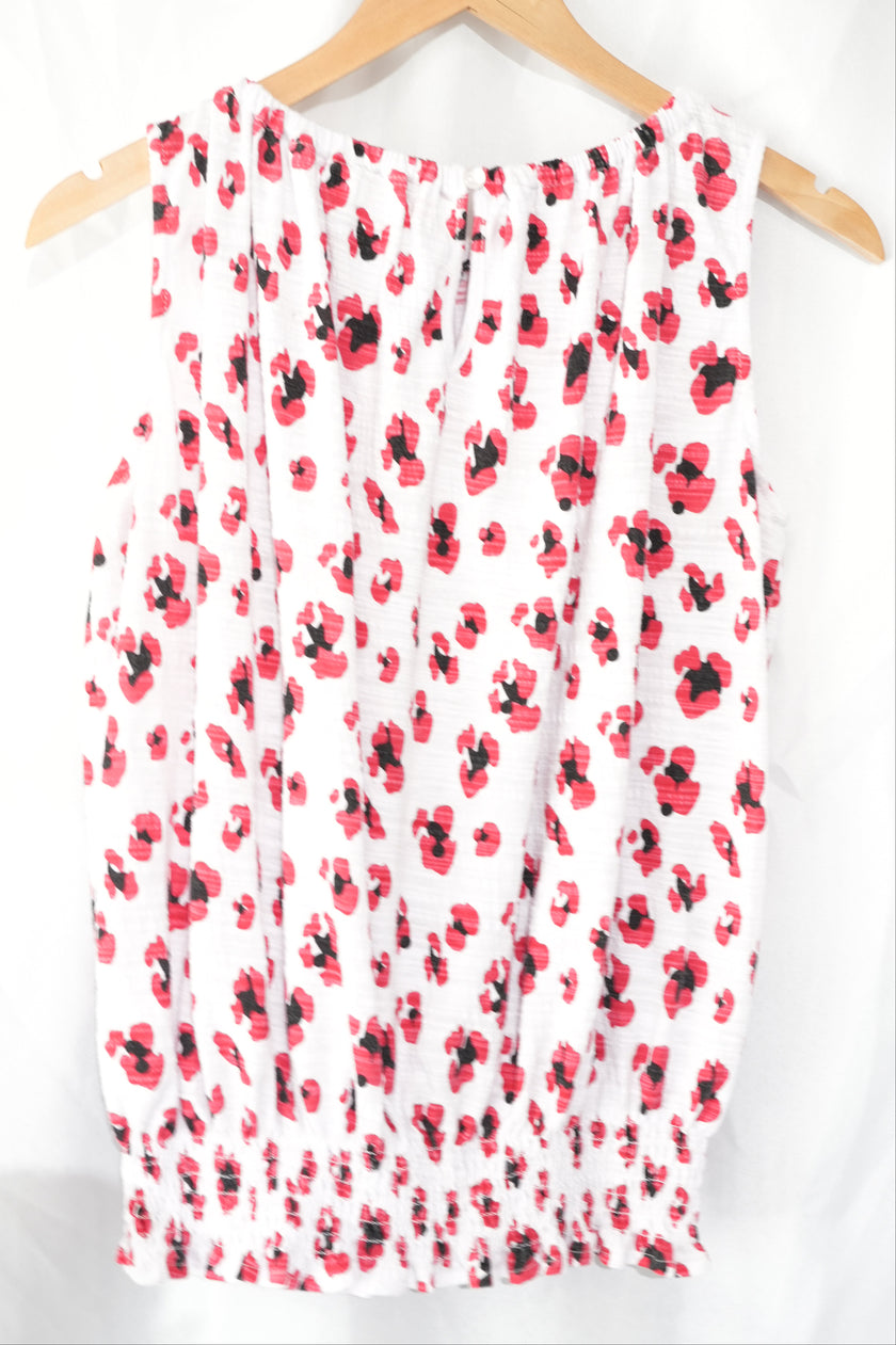 One A Blouse Womens Petite Medium White Red Abstract Floral Smocked Hem Top