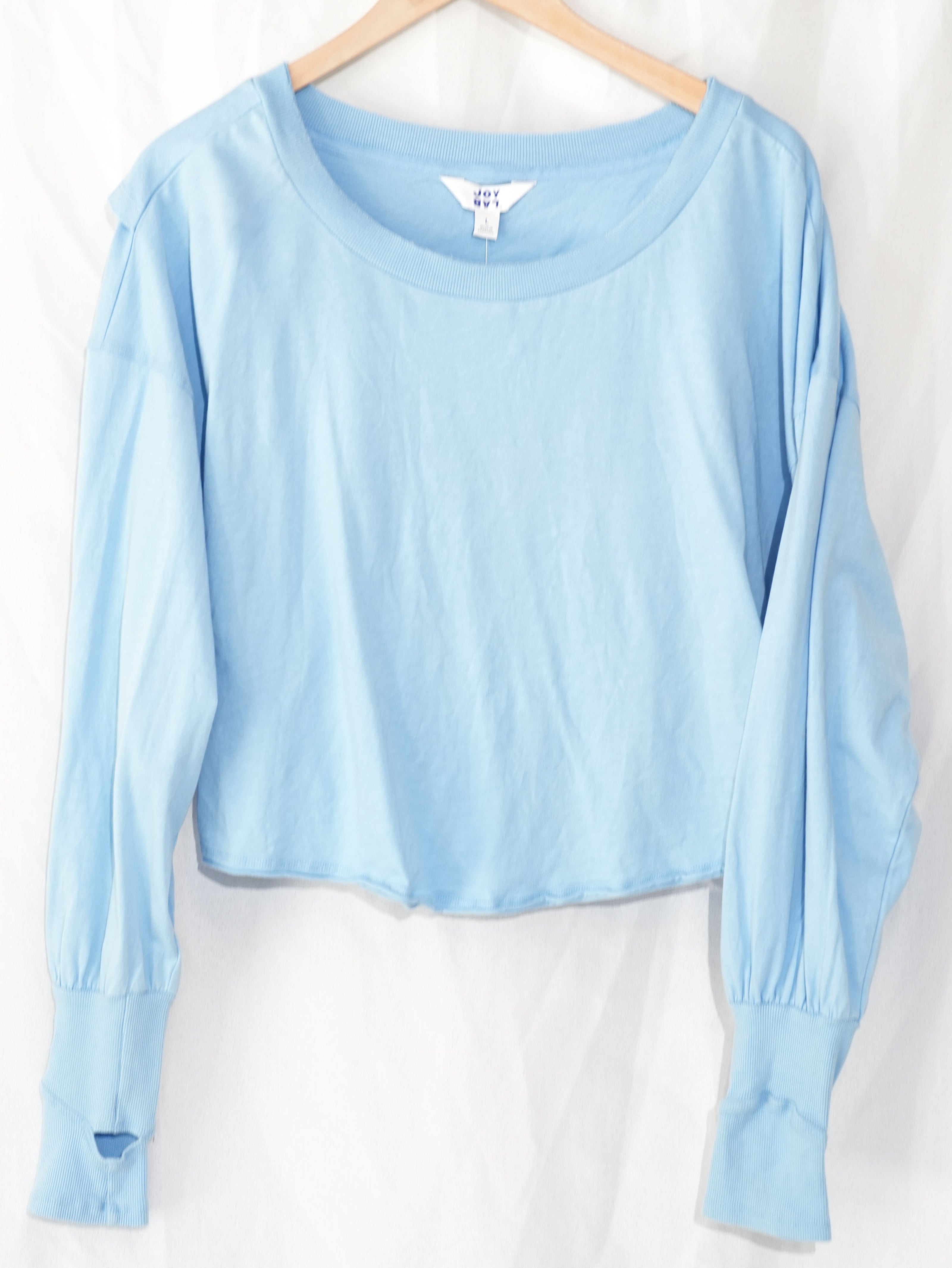 JoyLab Long-Sleeve Tee Women Large Blue Boxy Fit Thumbhole Tulip Wrap Back NWT