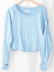 JoyLab Long-Sleeve Tee Women Large Blue Boxy Fit Thumbhole Tulip Wrap Back NWT
