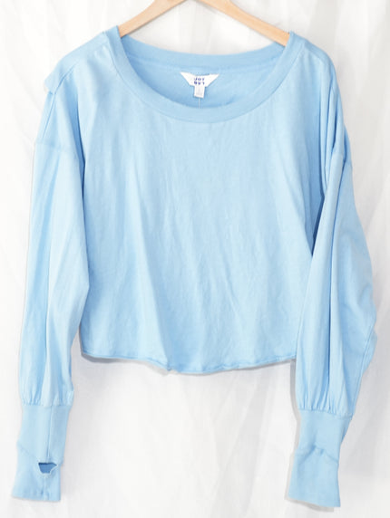 JoyLab Long-Sleeve Tee Women Large Blue Boxy Fit Thumbhole Tulip Wrap Back NWT
