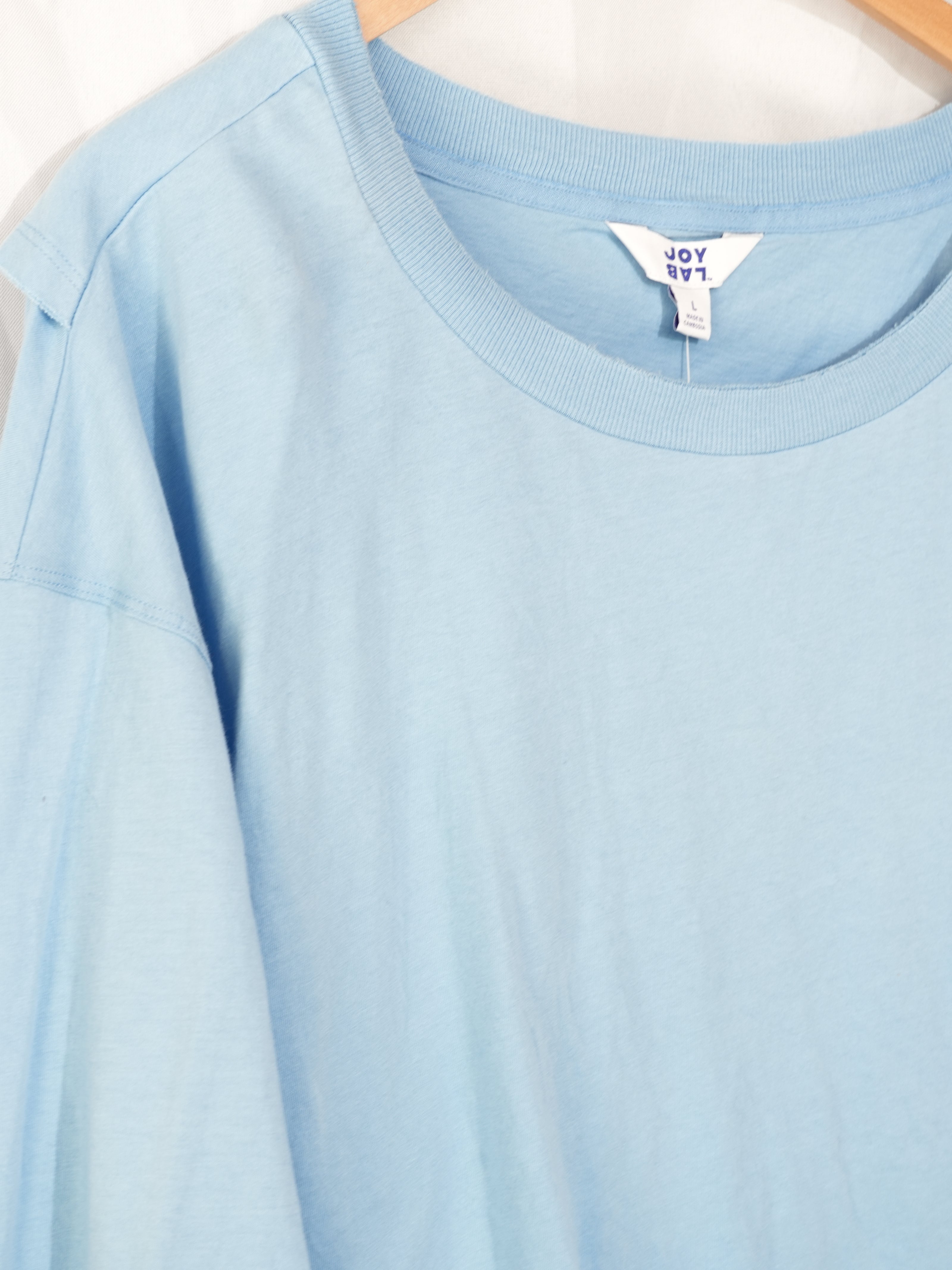 JoyLab Long-Sleeve Tee Women Large Blue Boxy Fit Thumbhole Tulip Wrap Back NWT