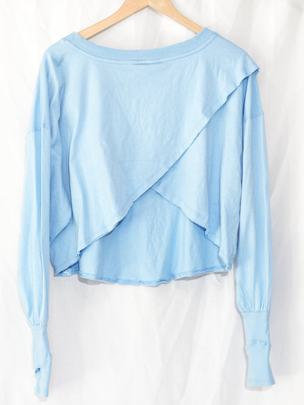 JoyLab Long-Sleeve Tee Women Large Blue Boxy Fit Thumbhole Tulip Wrap Back NWT