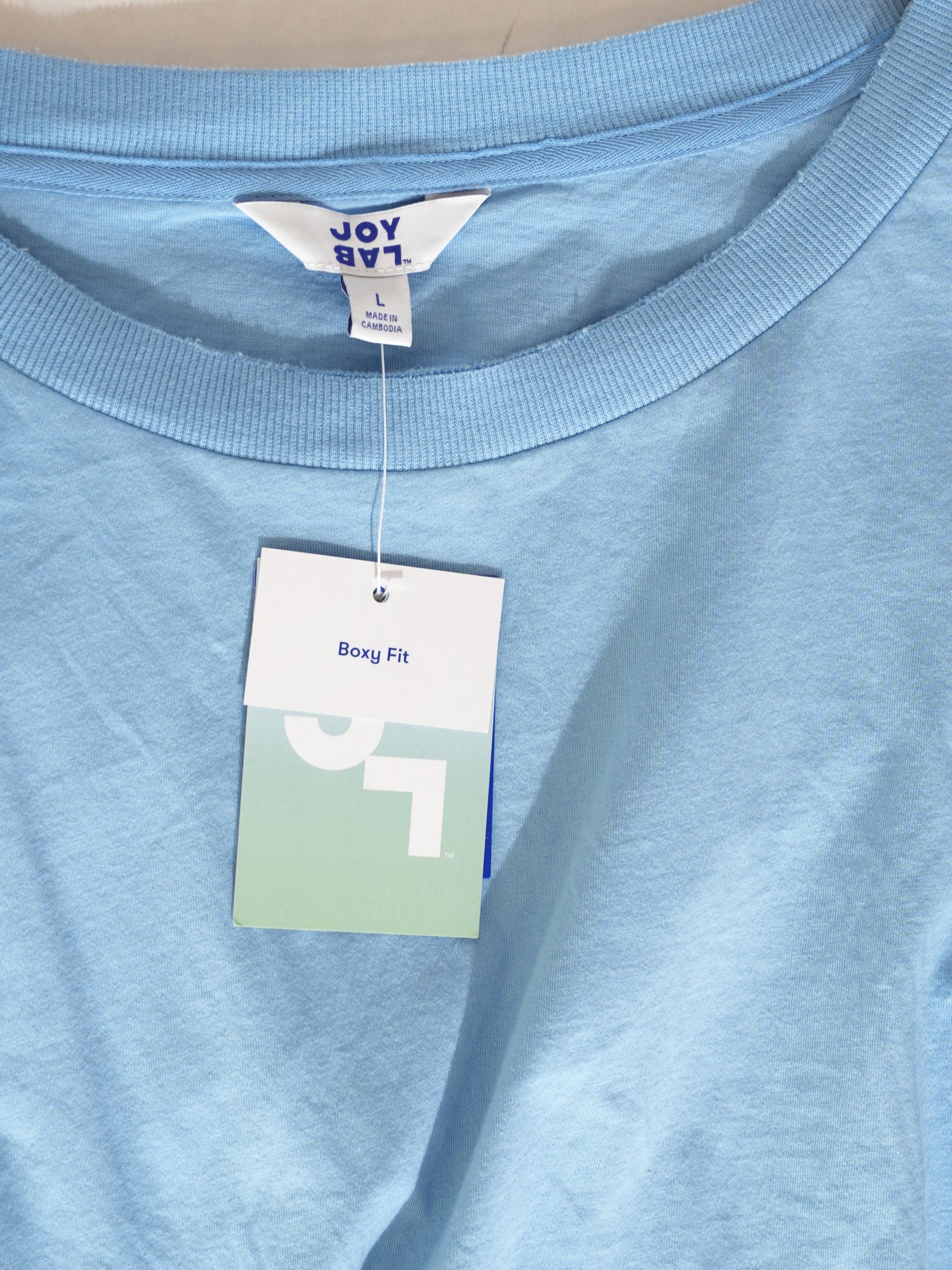JoyLab Long-Sleeve Tee Women Large Blue Boxy Fit Thumbhole Tulip Wrap Back NWT