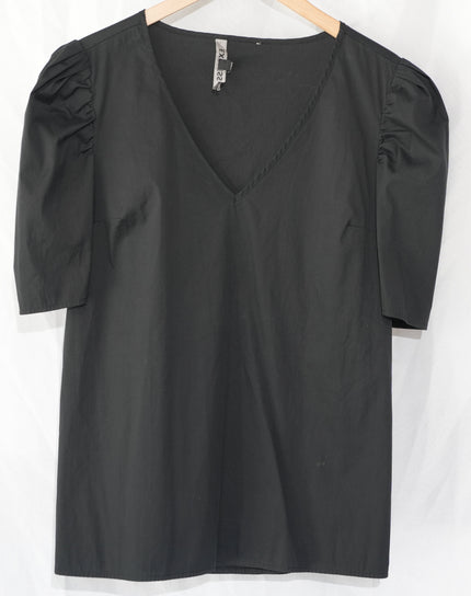 Express V-Neck Blouse Womens Medium Black Puff Sleeve Side Zip Top