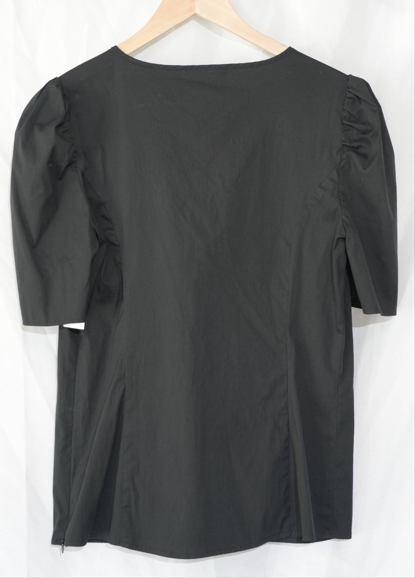 Express V-Neck Blouse Womens Medium Black Puff Sleeve Side Zip Top