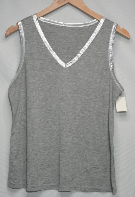 SHEIN Tank Top Women Large Gray Metallic Trim V-Neck Sleeveless Heathered Shirt