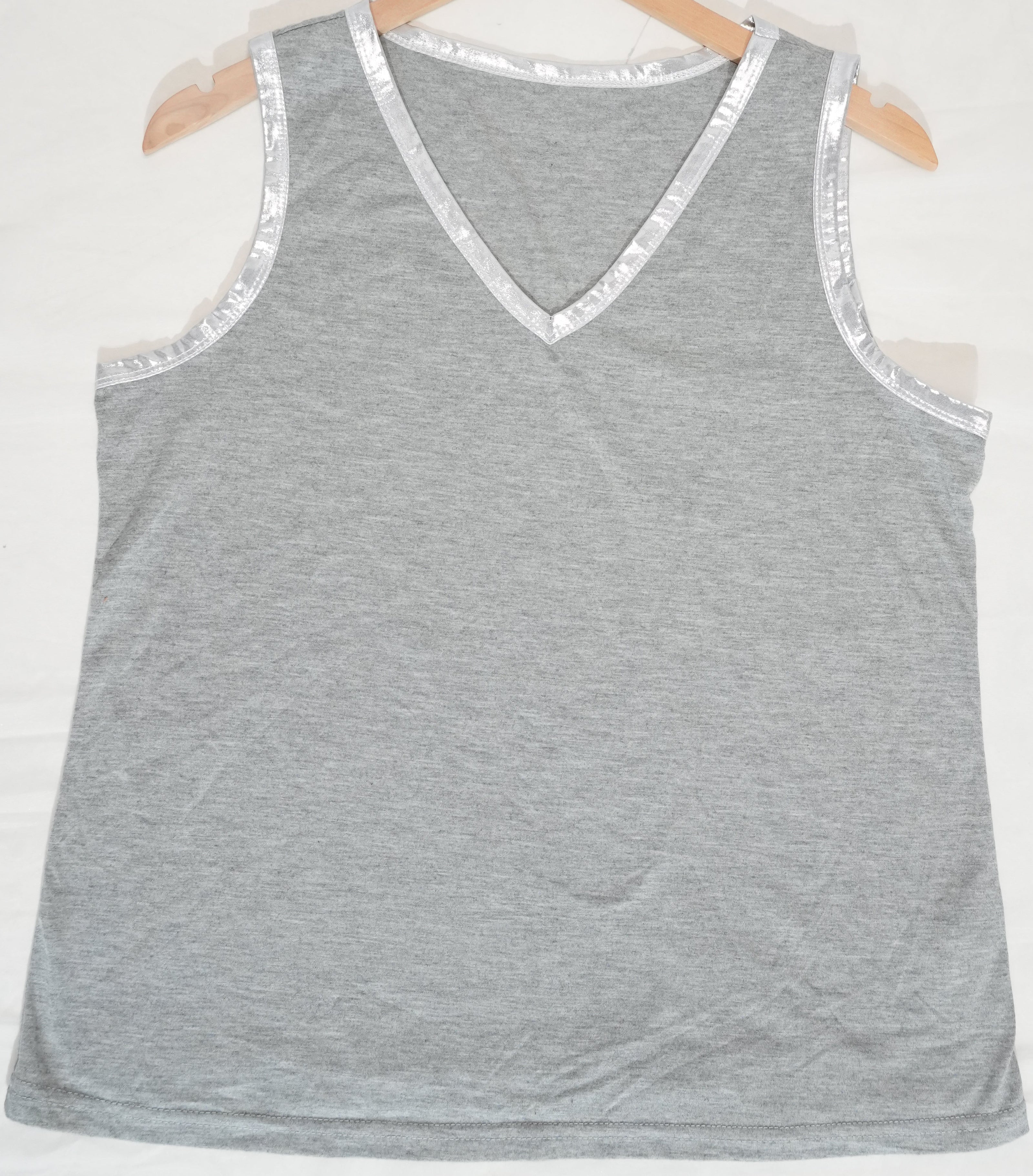 SHEIN Tank Top Women Large Gray Metallic Trim V-Neck Sleeveless Heathered Shirt
