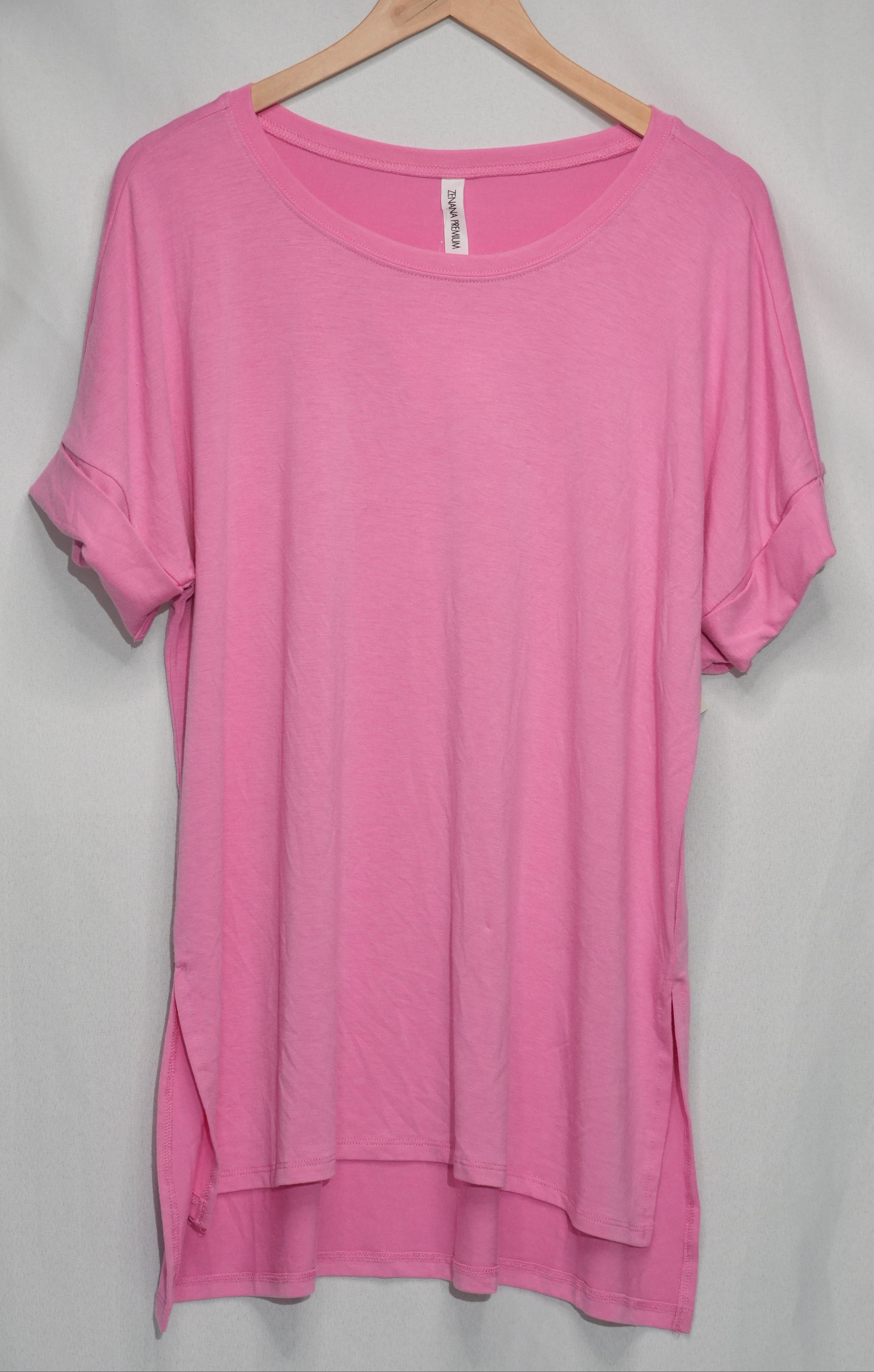 Zenana Tunic Top Womens Medium Pink Short Sleeve High Low Hem Crew Neck