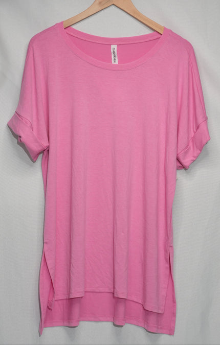 Zenana Tunic Top Womens Medium Pink Short Sleeve High Low Hem Crew Neck