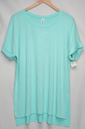 Zenana Tunic Top Women Medium Aqua Mint Cuffed Short Sleeve High-Low Hem
