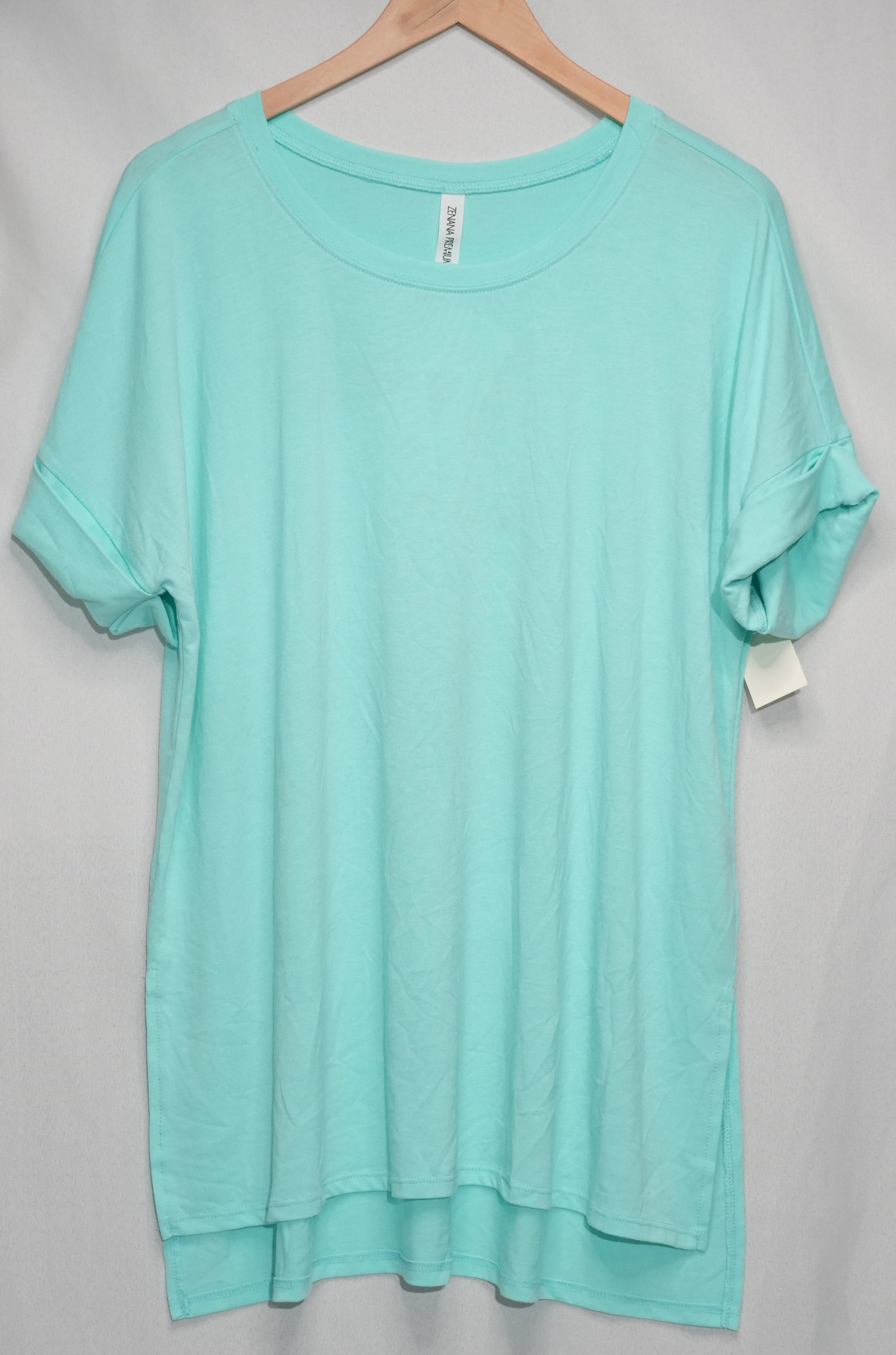 Zenana Tunic Top Women Medium Aqua Mint Cuffed Short Sleeve High-Low Hem
