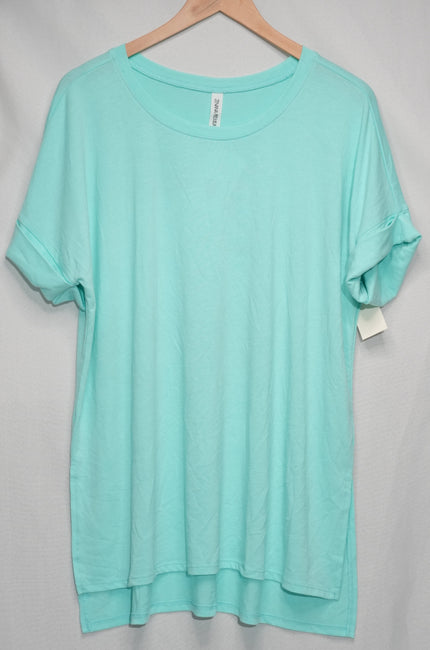 Zenana Tunic Top Women Medium Aqua Mint Cuffed Short Sleeve High-Low Hem