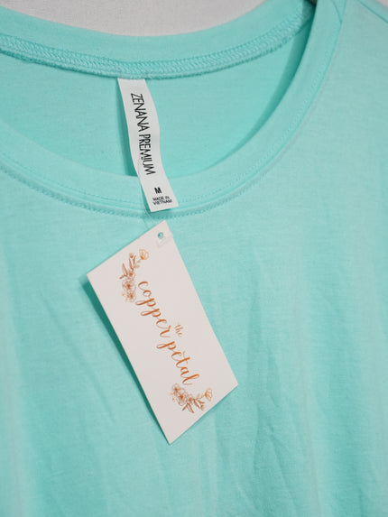 Zenana Tunic Top Women Medium Aqua Mint Cuffed Short Sleeve High-Low Hem