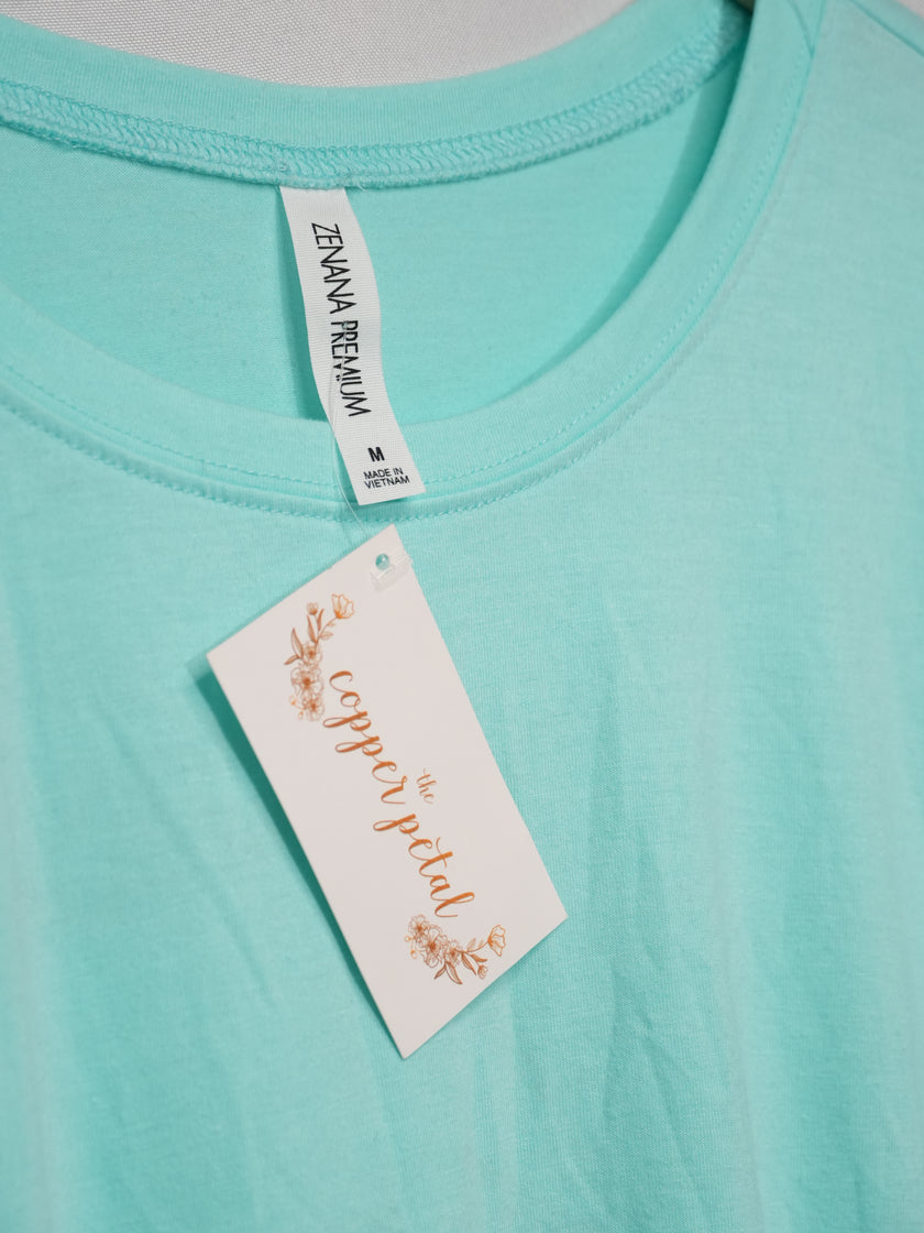 Zenana Tunic Top Women Medium Aqua Mint Cuffed Short Sleeve High-Low Hem