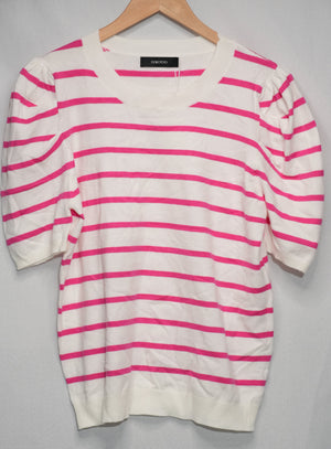 Dokotoo Sweater Top Women Large Pink White Striped Puff Sleeve Crew Neck
