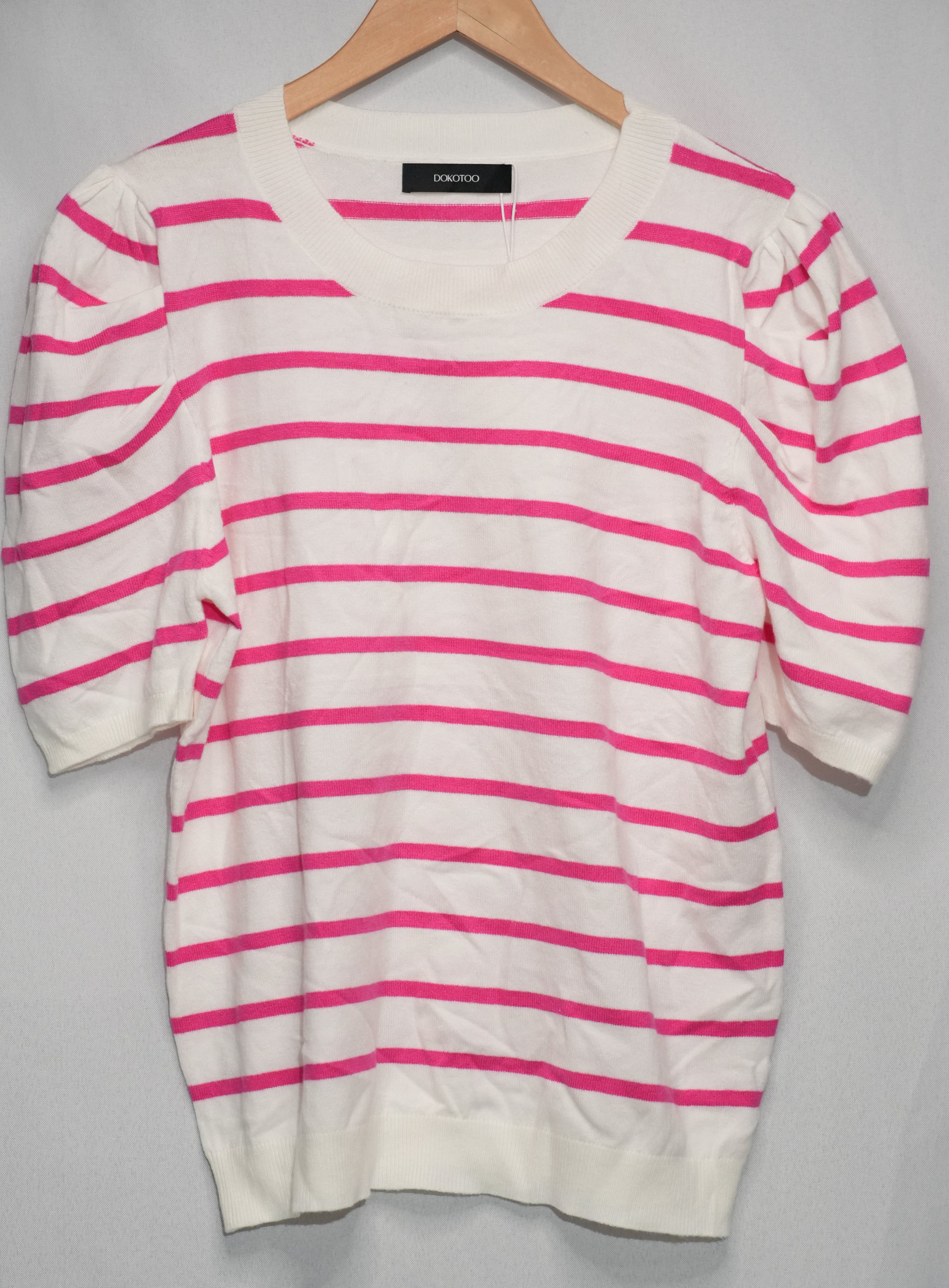 Dokotoo Sweater Top Women Large Pink White Striped Puff Sleeve Crew Neck