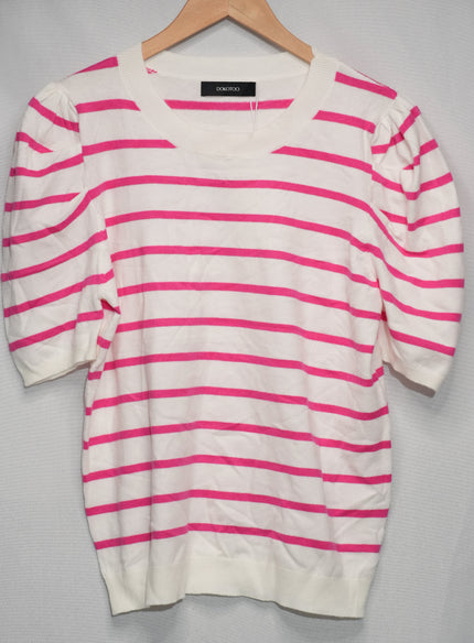 Dokotoo Sweater Top Women Large Pink White Striped Puff Sleeve Crew Neck