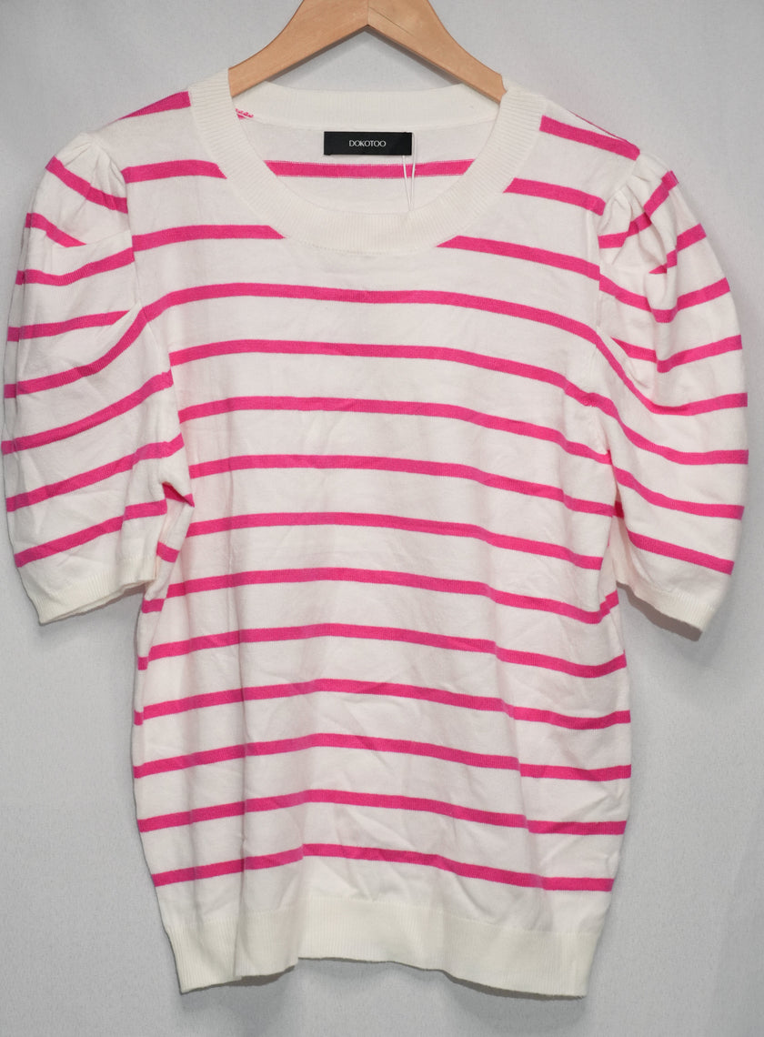 Dokotoo Sweater Top Women Large Pink White Striped Puff Sleeve Crew Neck