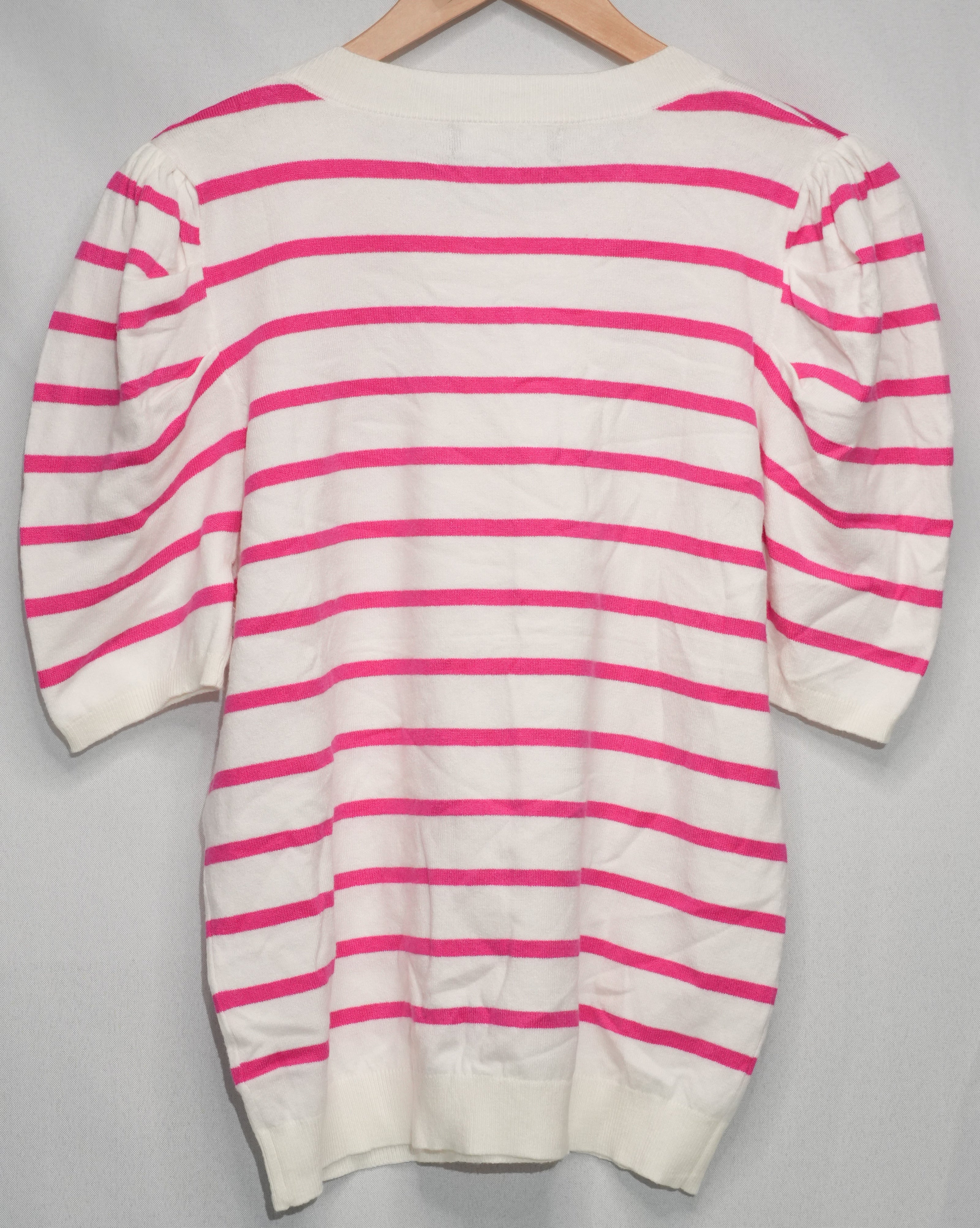 Dokotoo Sweater Top Women Large Pink White Striped Puff Sleeve Crew Neck