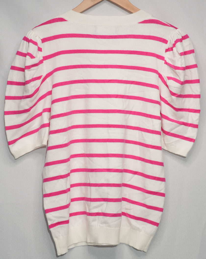 Dokotoo Sweater Top Women Large Pink White Striped Puff Sleeve Crew Neck