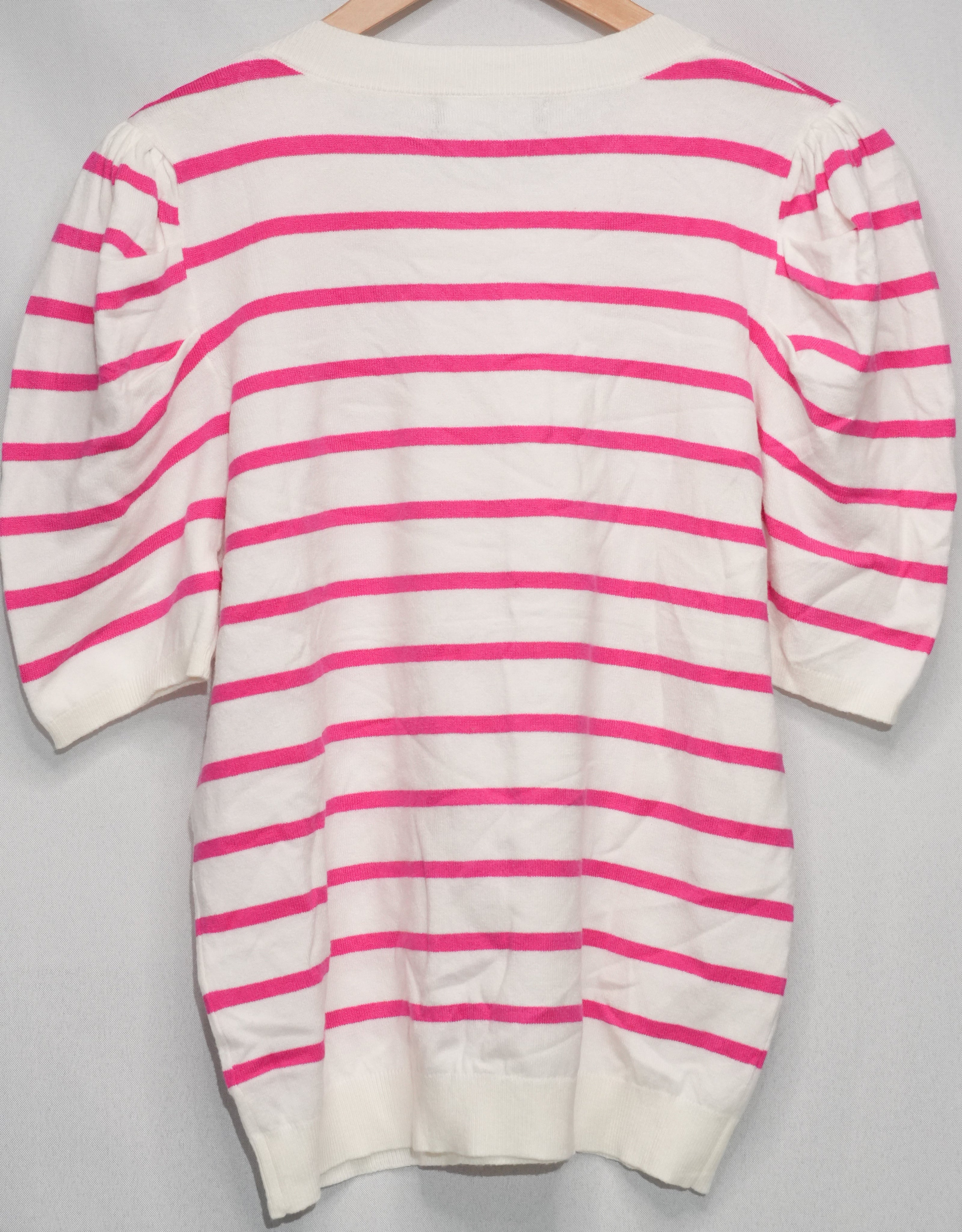 Dokotoo Sweater Top Women Large Pink White Striped Puff Sleeve Crew Neck