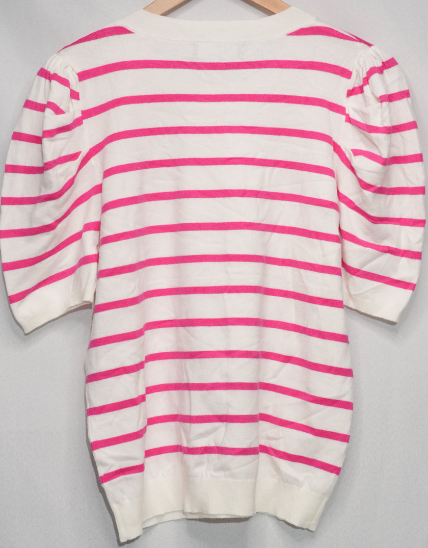 Dokotoo Sweater Top Women Large Pink White Striped Puff Sleeve Crew Neck