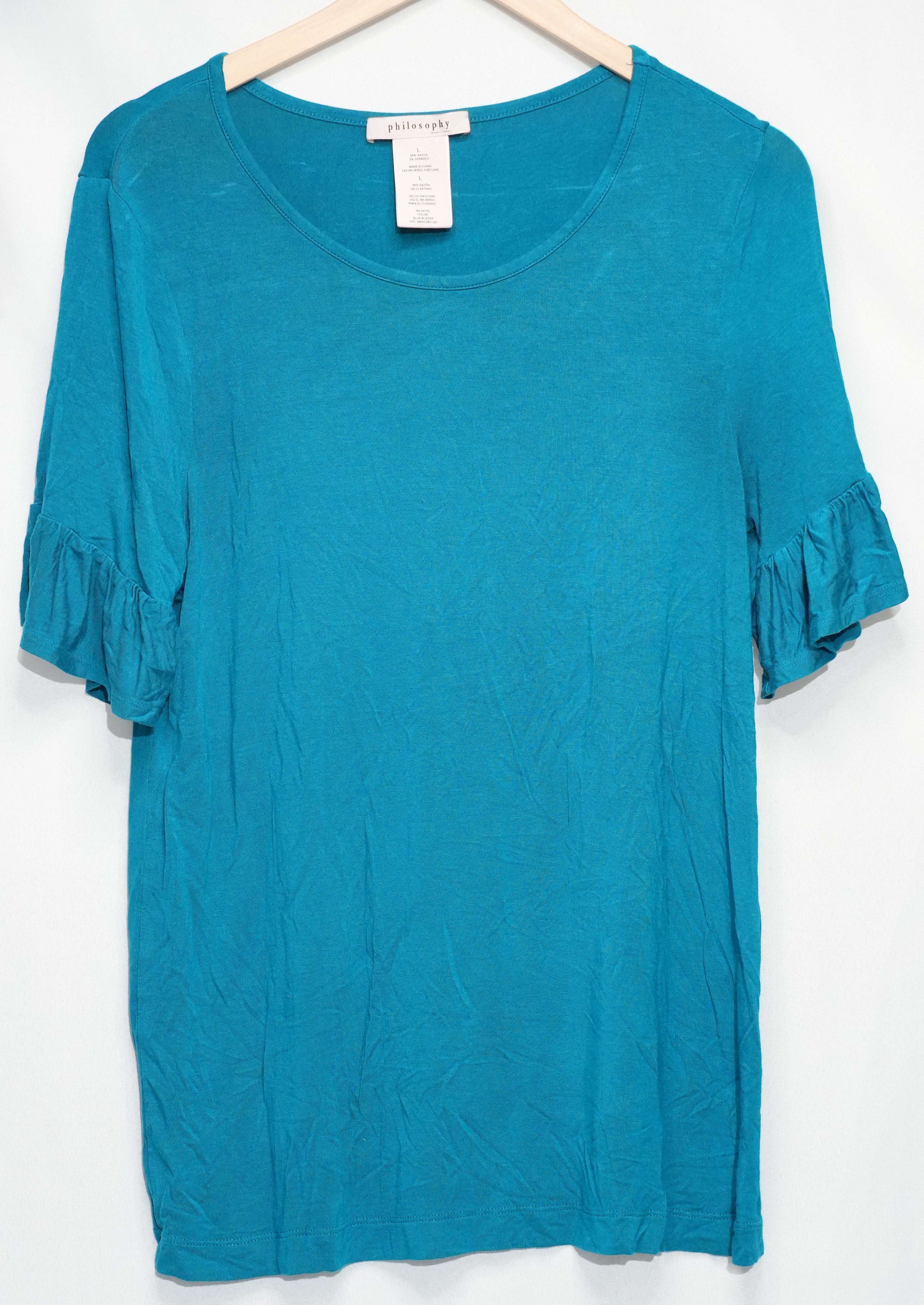 Philosophy Top Women Large Blue Blazer Ruffle Short Sleeve Scoop Neck Shirt