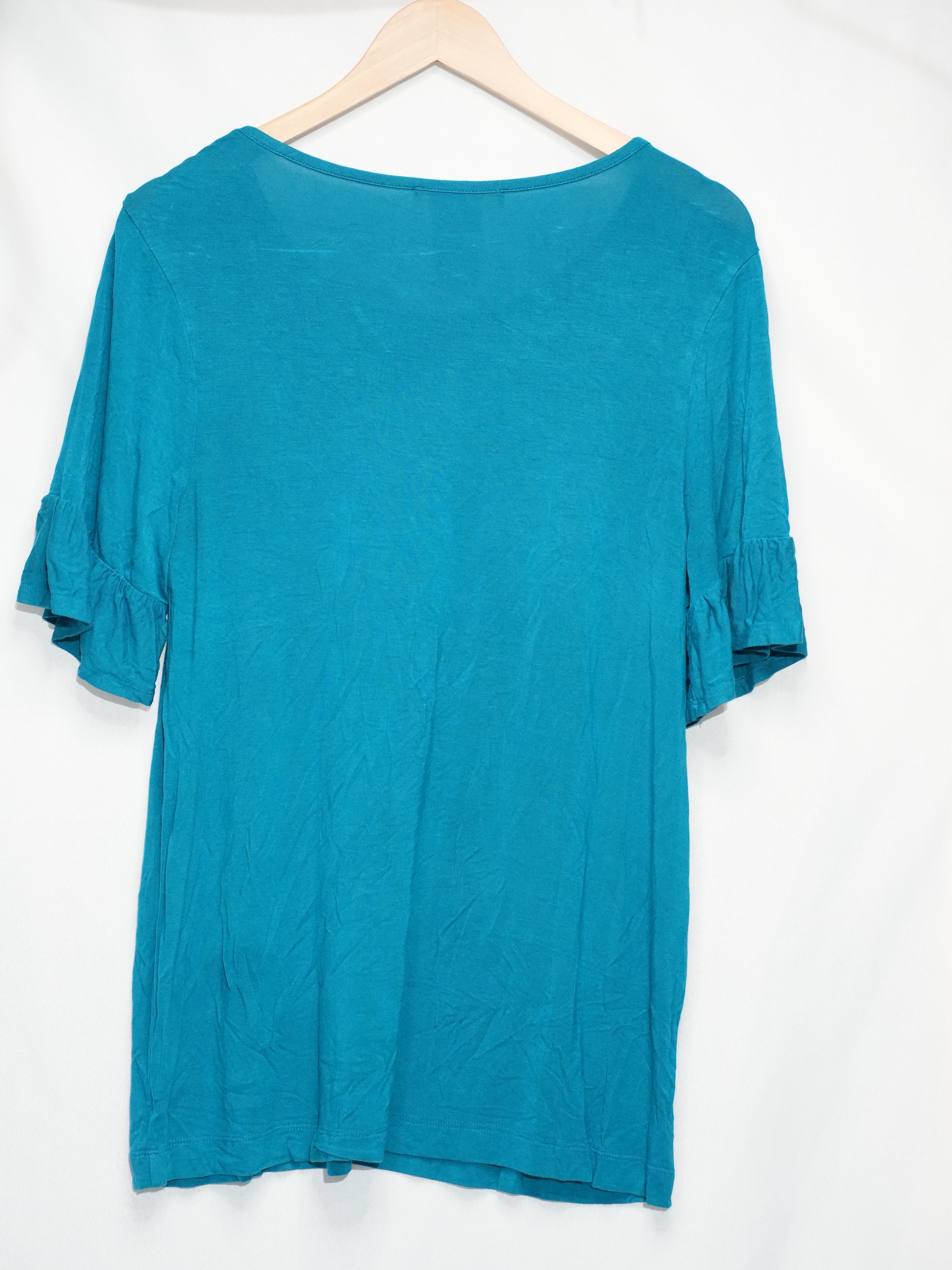 Philosophy Top Women Large Blue Blazer Ruffle Short Sleeve Scoop Neck Shirt