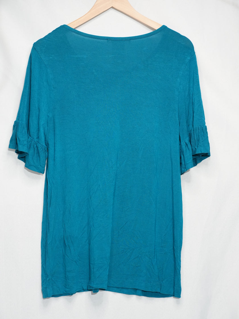 Philosophy Top Women Large Blue Blazer Ruffle Short Sleeve Scoop Neck Shirt