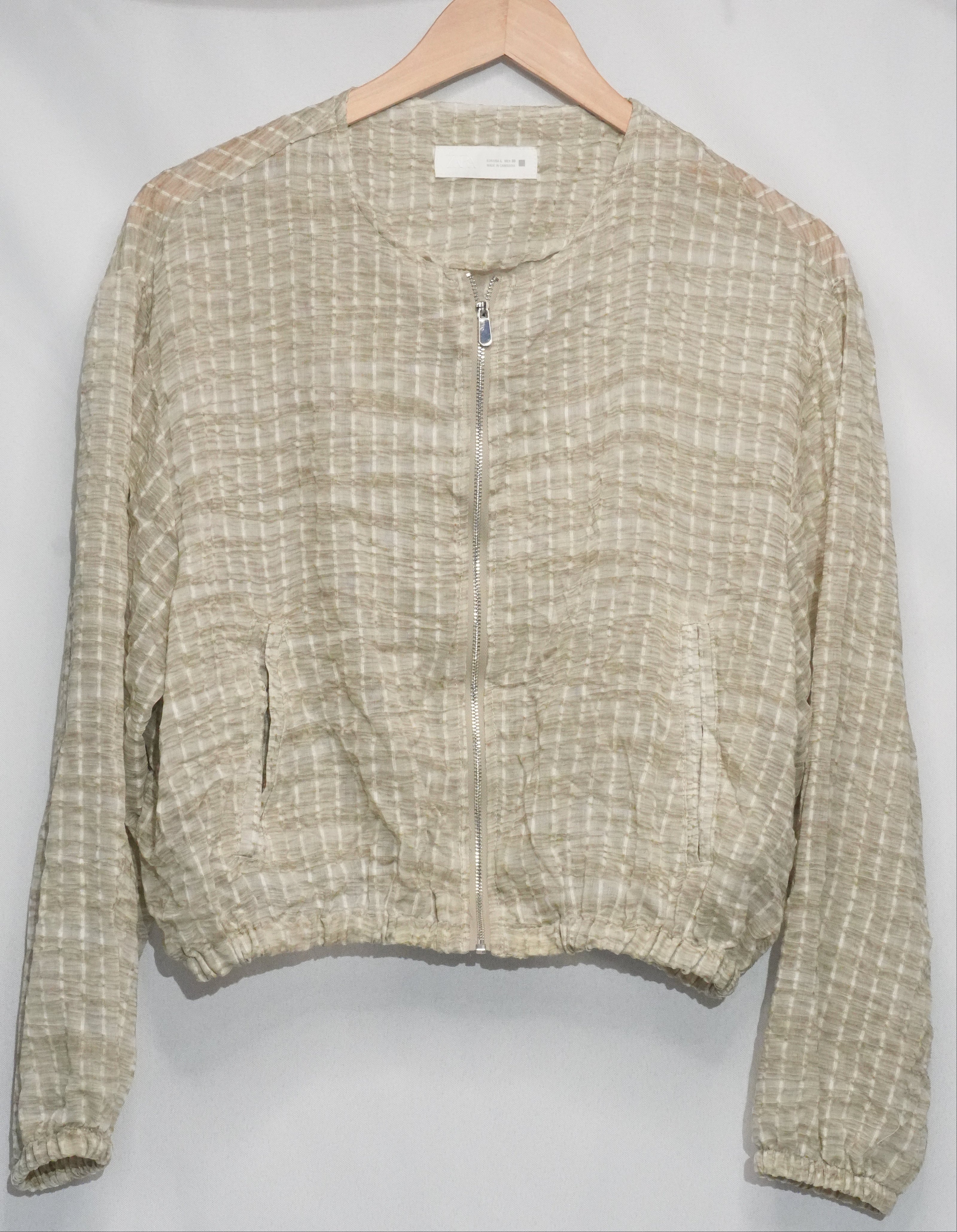 Zara Bomber Jacket Women Large Olive Green Textured Zip Up Lightweight Blouson
