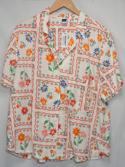Old Navy Button Down Shirt Women X-Large White Floral Print Short Sleeve Top