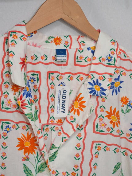 Old Navy Button Down Shirt Women X-Large White Floral Print Short Sleeve Top