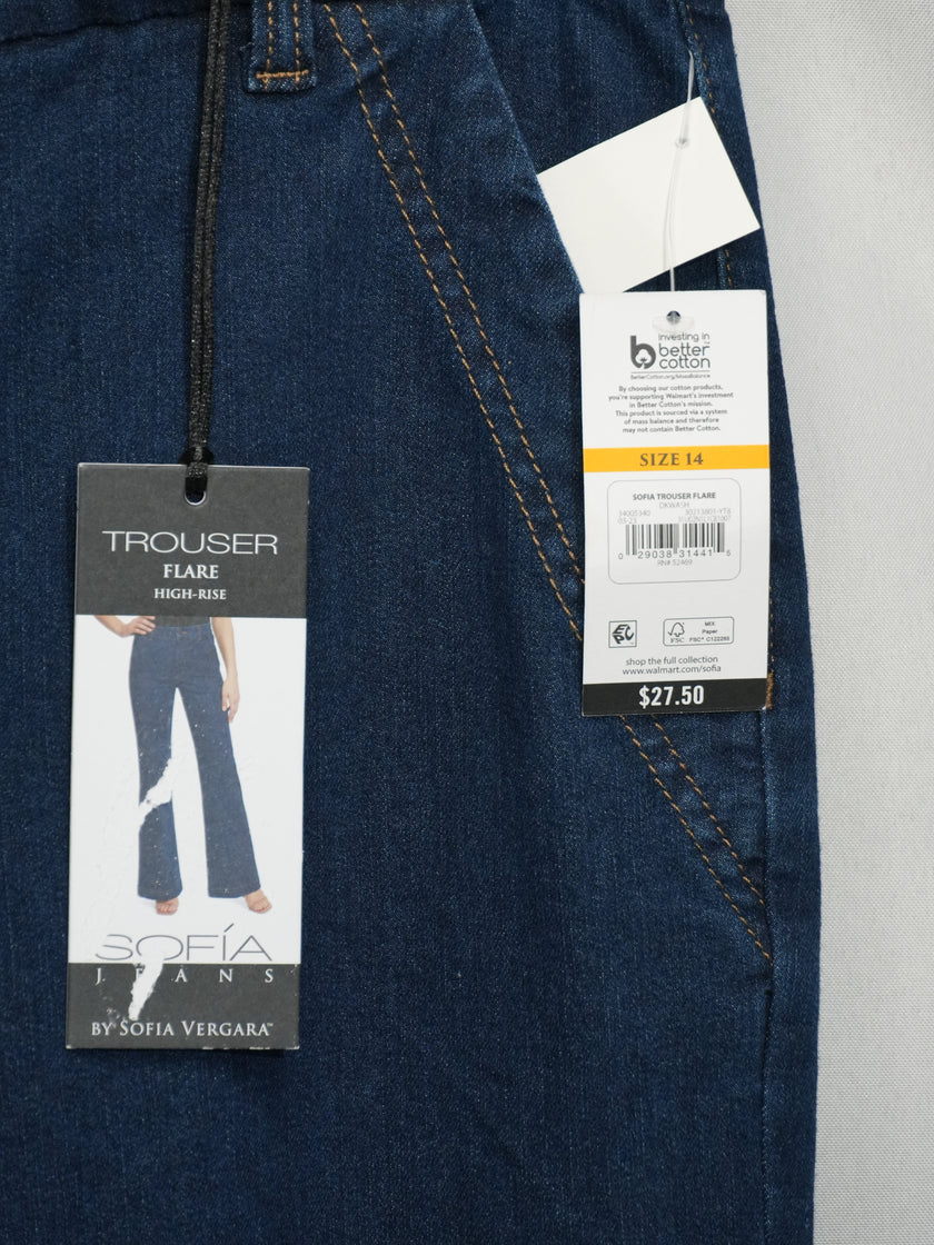 Sofia Jeans Trouser Flare Women Size 14 Indigo Blue High Rise Wide Leg Denim