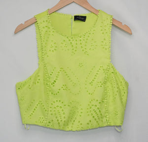 Milk & Honey Crop Top Women Large Lime Green Eyelet Embroidered Pom Pom Trim