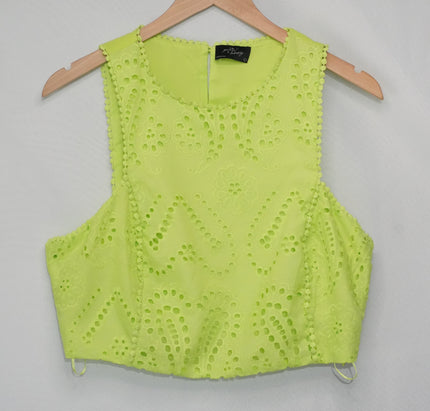 Milk & Honey Crop Top Women Large Lime Green Eyelet Embroidered Pom Pom Trim